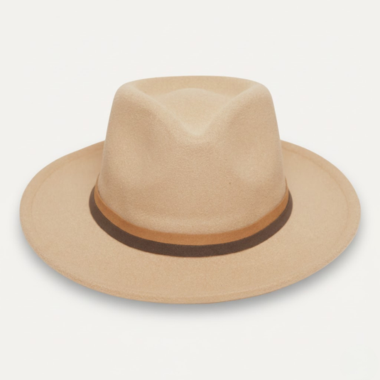 Medium Brim Fedora Hat with Dual-Tone Ribbon Band (Sand Beige)