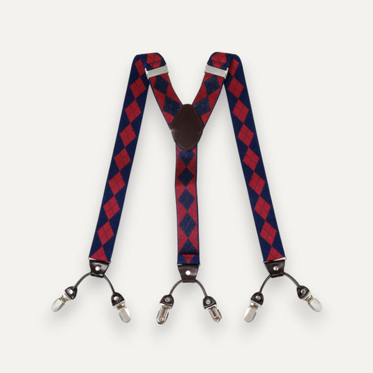 The Six Point Suspenders – Red & Navy Argyle