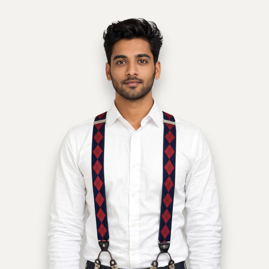 The Six Point Suspenders – Red & Navy Argyle