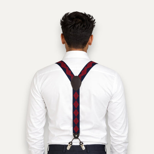 The Six Point Suspenders – Red & Navy Argyle