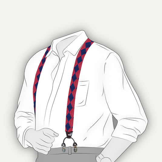 The Six Point Suspenders – Red & Navy Argyle