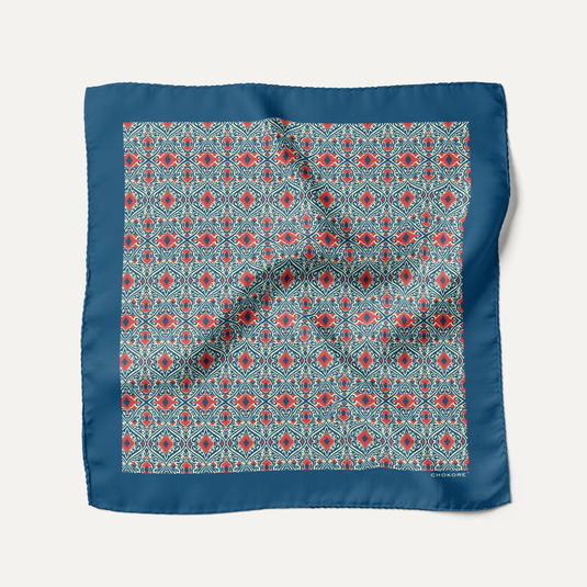 The Mosaic Lattice Pocket Square – Navy & Coral