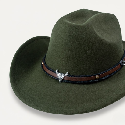 Fedora with Leather Band & Bull Skull Detail (Olive)