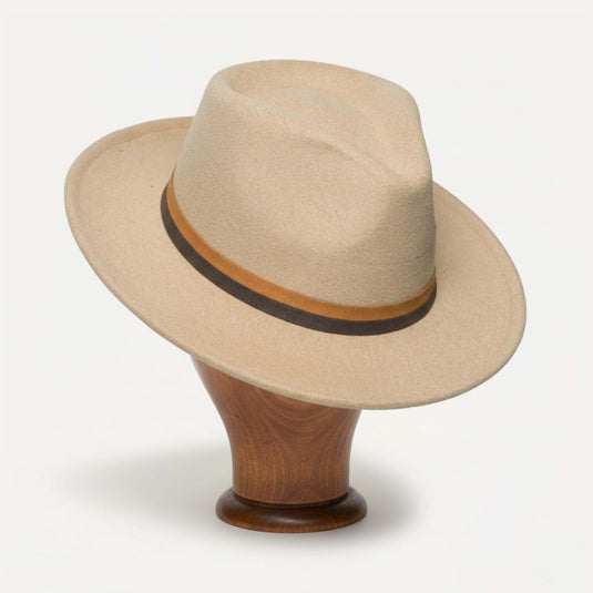 Medium Brim Fedora Hat with Dual-Tone Ribbon Band (Sand Beige)