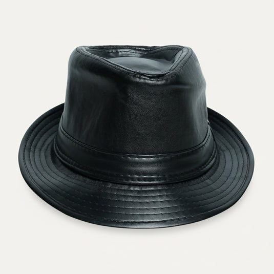 Short Brim Fedora Hat Leather Finish (Black)