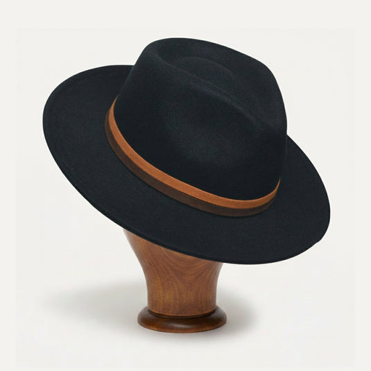 Pinched Fedora Hat with Dual-Tone Leather Band (Black)