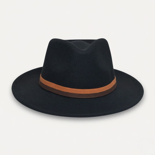 Pinched Fedora Hat with Dual-Tone Leather Band (Black)