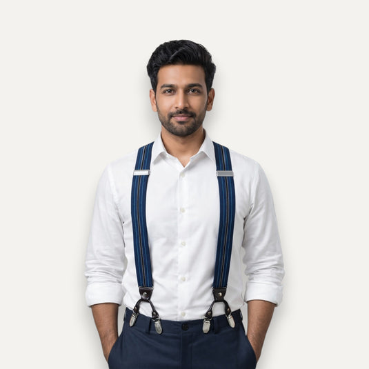 The Six Point Suspenders – Navy Heritage Stripe