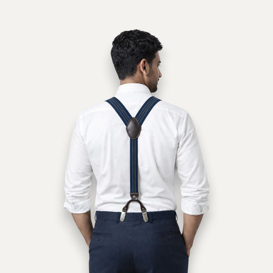The Six Point Suspenders – Navy Heritage Stripe