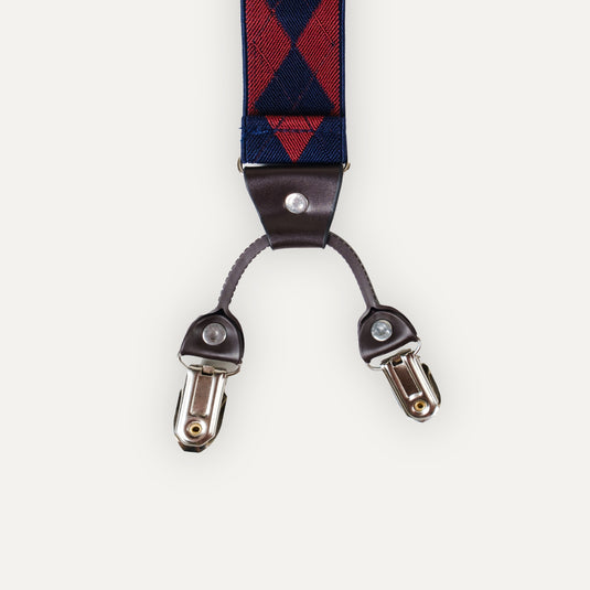 The Six Point Suspenders – Red & Navy Argyle
