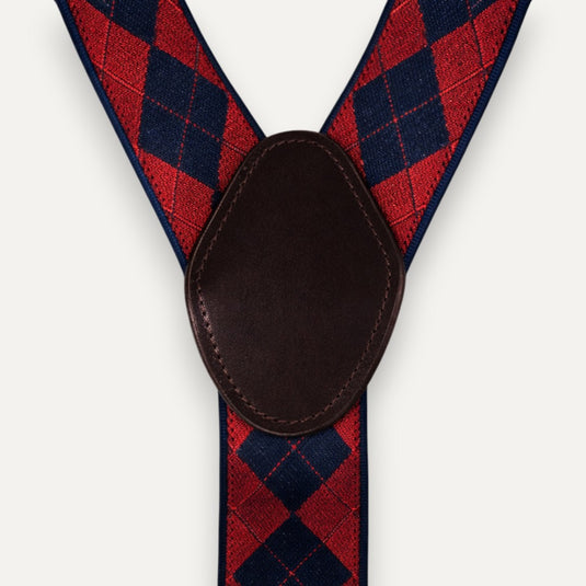 The Six Point Suspenders – Red & Navy Argyle