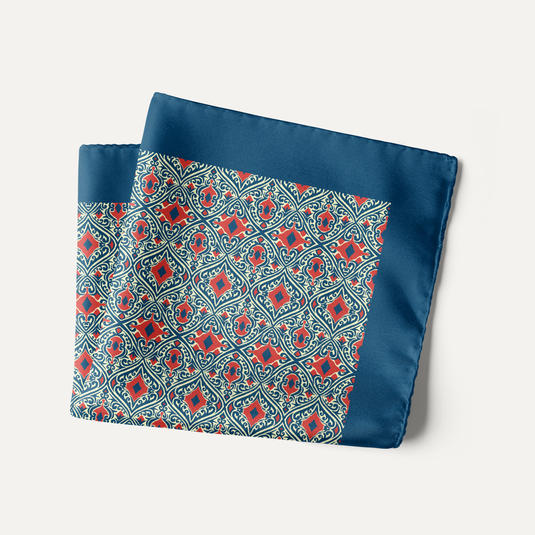 The Mosaic Lattice Pocket Square – Navy & Coral