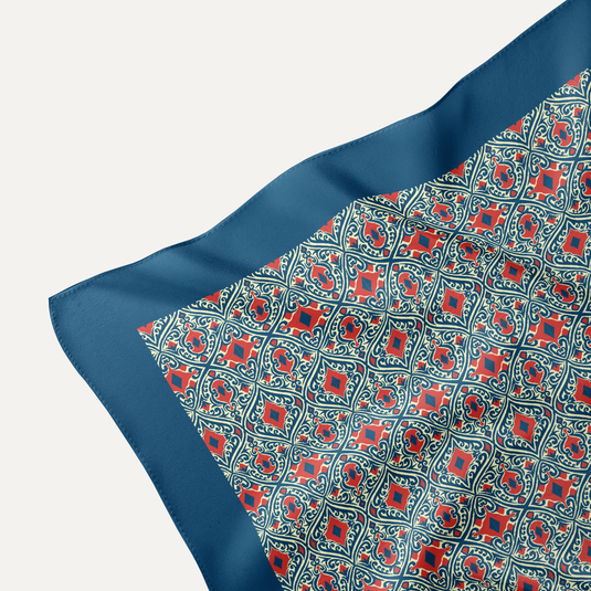 The Mosaic Lattice Pocket Square – Navy & Coral