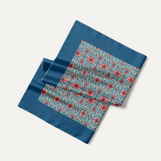 The Mosaic Lattice Pocket Square – Navy & Coral